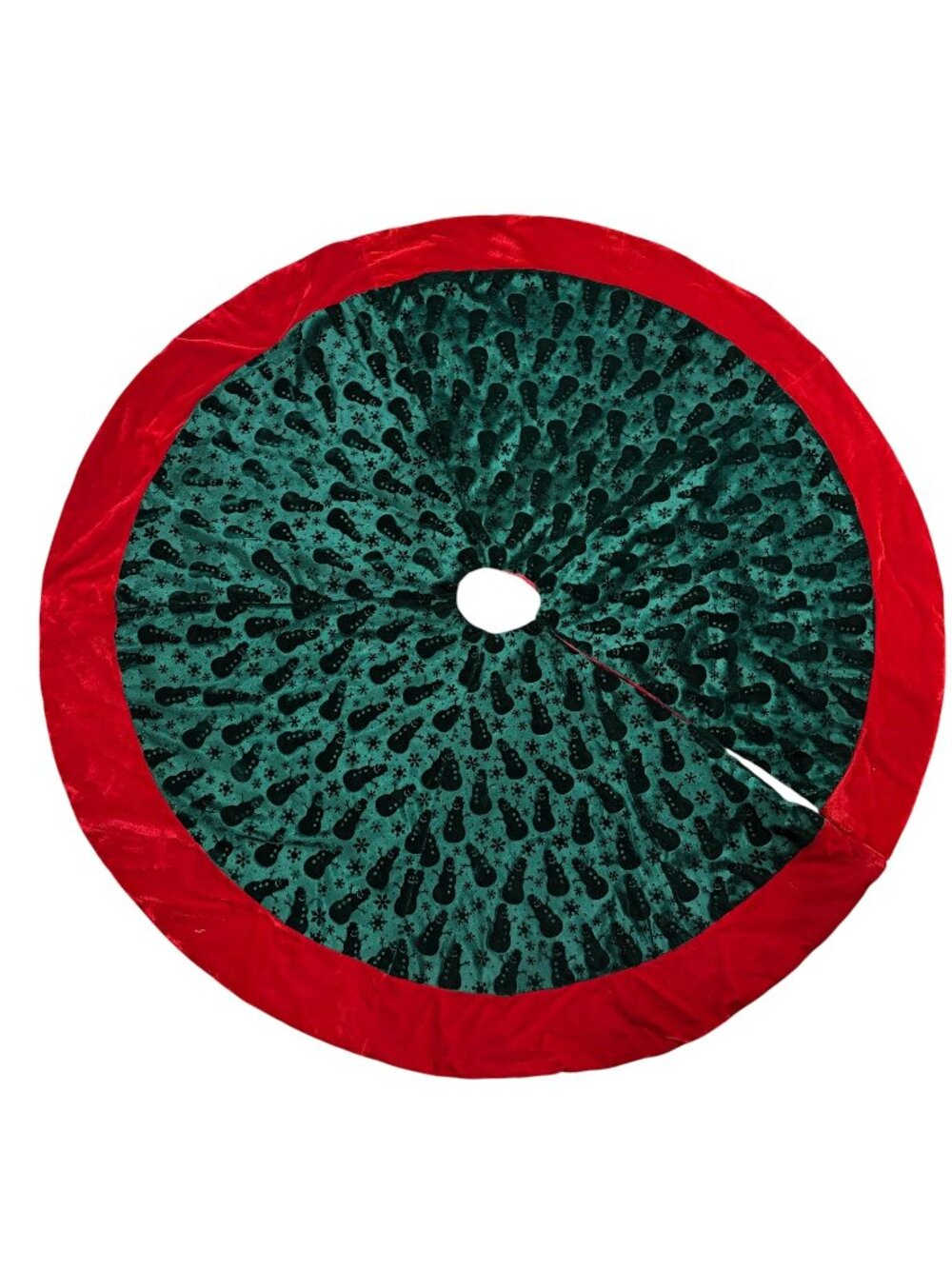 VTG Velvet Christmas Tree Skirt Green Embossed Snowman Red Border Snowflake Roun